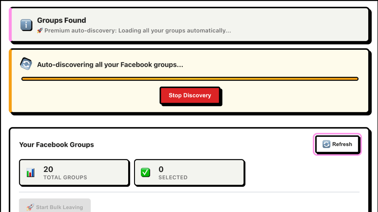 Popup view listing Facebook groups with selection controls.