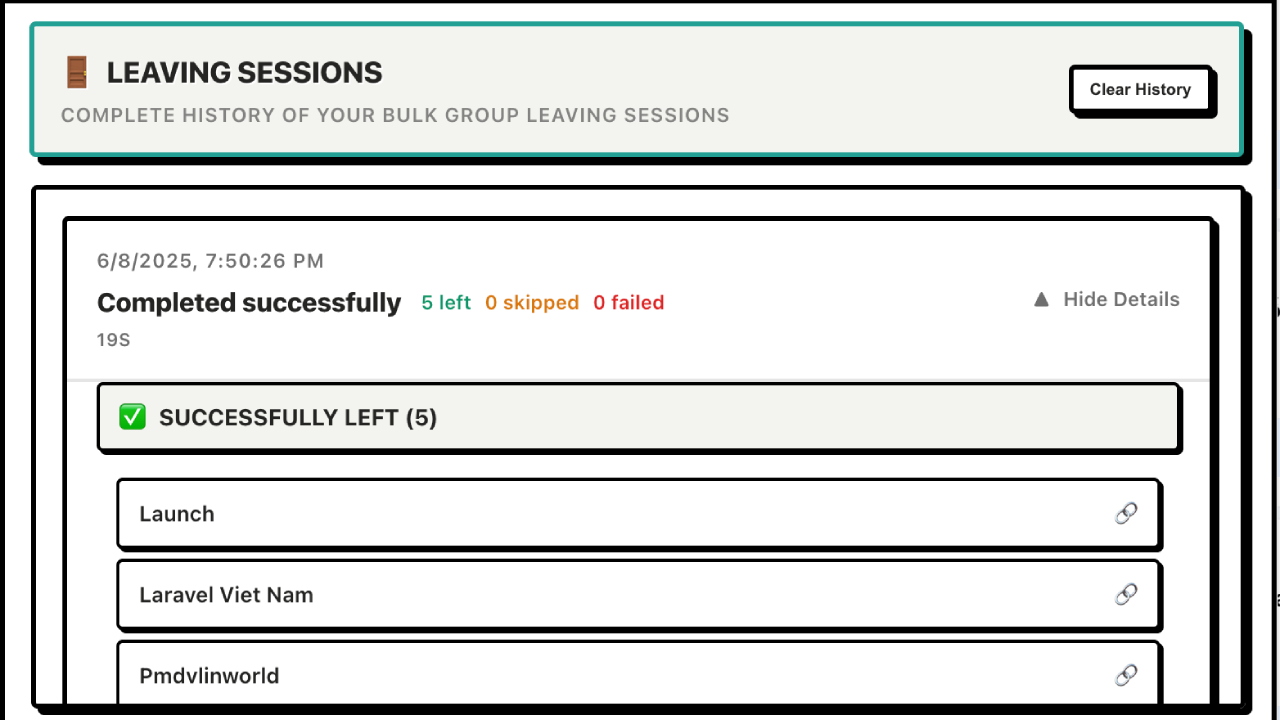 History tab showing previous bulk leave sessions.