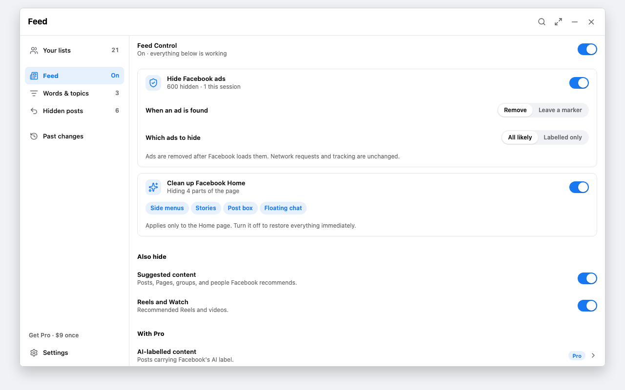 The Feed screen with Hide Facebook ads and Clean up Facebook Home turned on. Ads are removed after Facebook loads them; side menus, Stories, the post box, and floating chat are hidden.