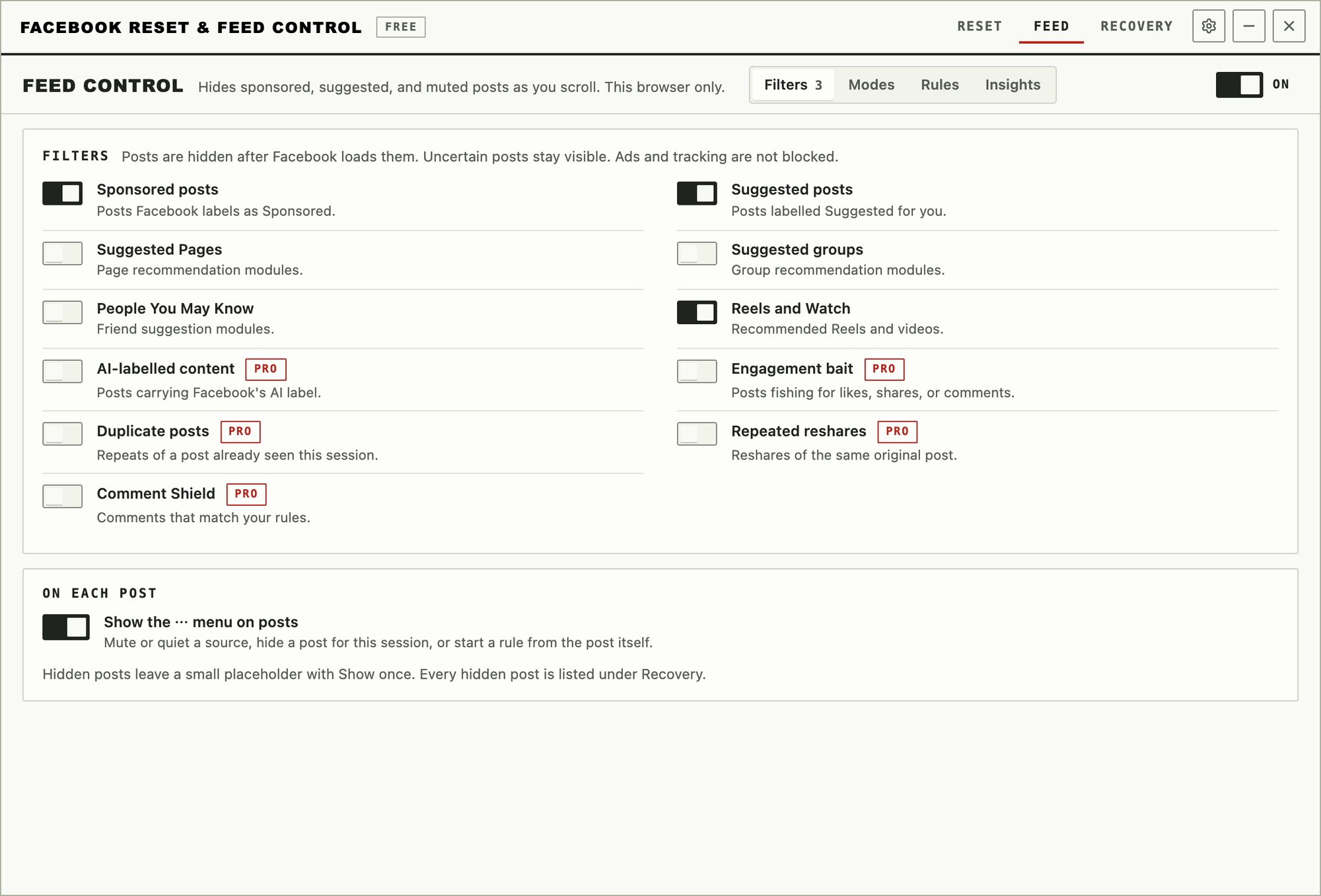 Feed Control filters for sponsored posts, suggested posts, Reels, recommendations, AI-labelled content, duplicates, reshares, and comments