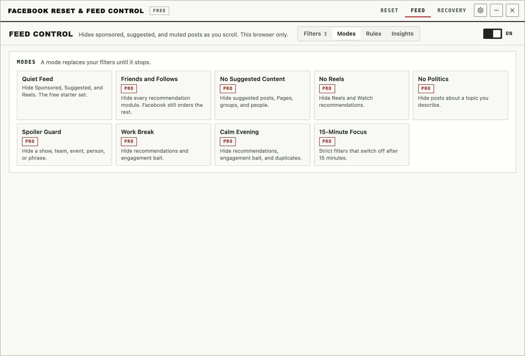 Feed Control mode choices including Quiet Feed, No Suggested Content, No Reels, No Politics, Spoiler Guard, Work Break, Calm Evening, and 15-Minute Focus