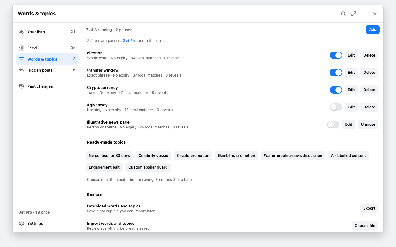 The Words and topics screen with three filters running, two paused, ready-made topics, and export and import controls.