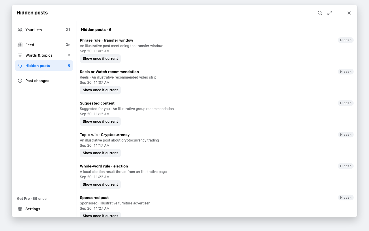The Hidden posts screen with six illustrative local records and Show once if current buttons.