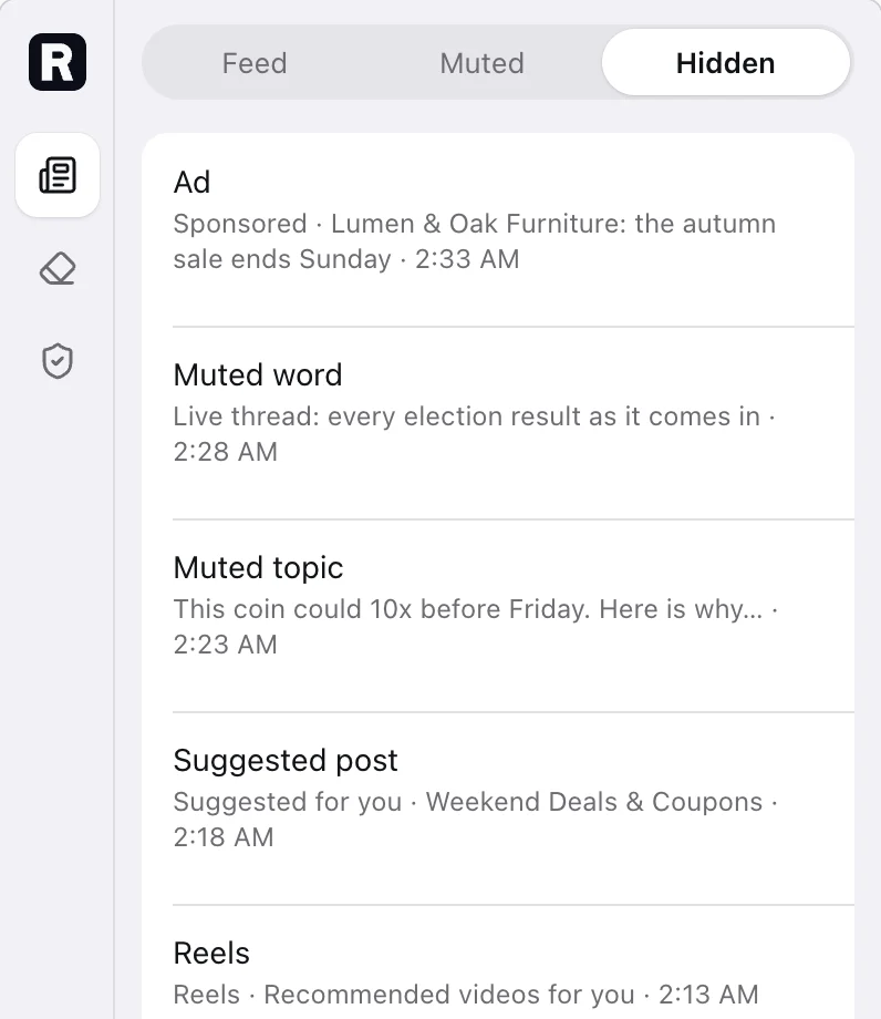 Hidden in the side panel: an ad, a muted word, a muted topic, a suggested post and Reels, each with the time it was hidden.