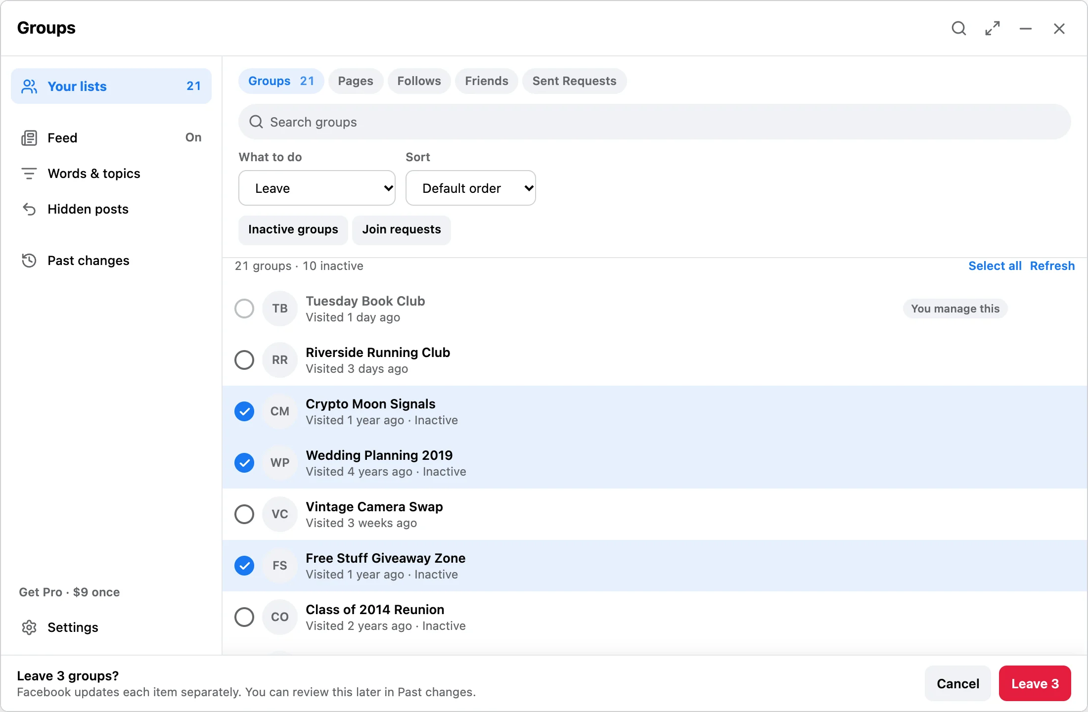 The confirmation bar asks Leave 3 groups? and says Facebook updates each item separately, with Cancel and Leave 3 buttons.