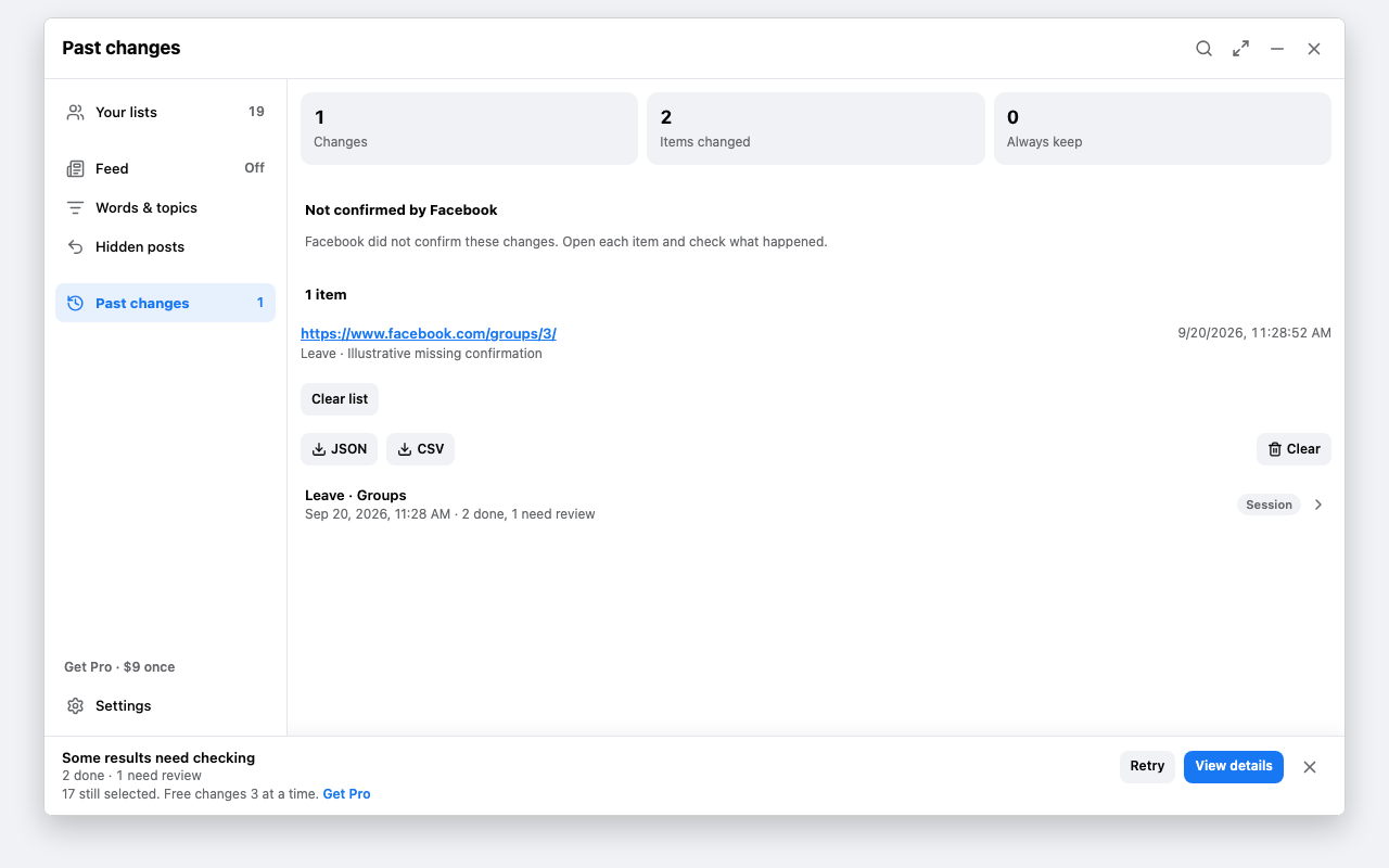 The Past changes screen with one unconfirmed item, JSON and CSV export, and a run with two done and one needing review.
