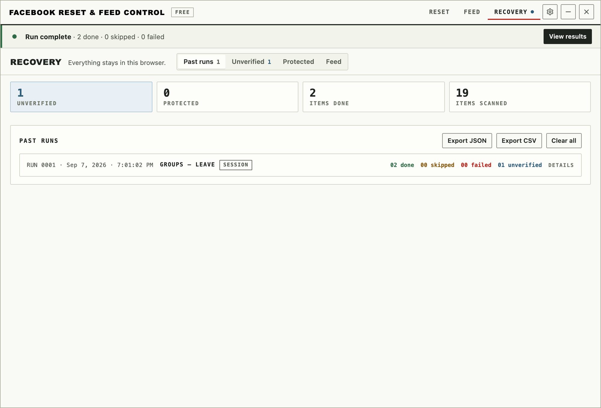 The Recovery tab, Past runs view. Four tiles: 0 unverified, 0 protected, 3 items done, 18 items scanned. A Past runs card with Export JSON, Export CSV, and Clear all buttons lists one run: Groups, Leave, 03 done.