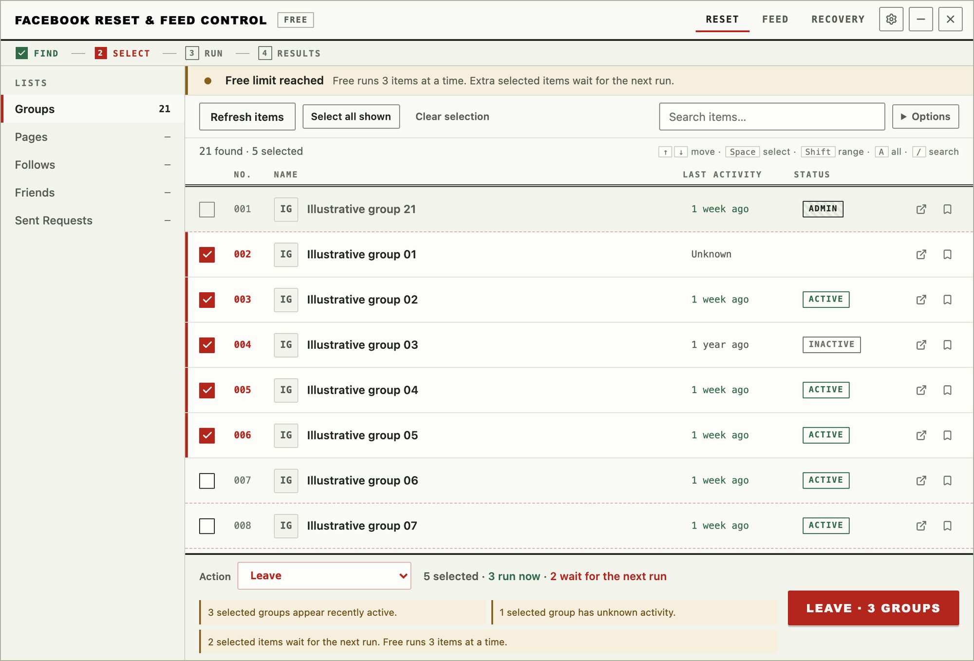 The Reset tab. The Groups list shows 21 groups with five selected. One admin group is marked Admin and cannot be selected. The run bar reads Action: Leave, 5 selected, 3 run now, 2 wait for the next run, with a red Leave 3 groups button.