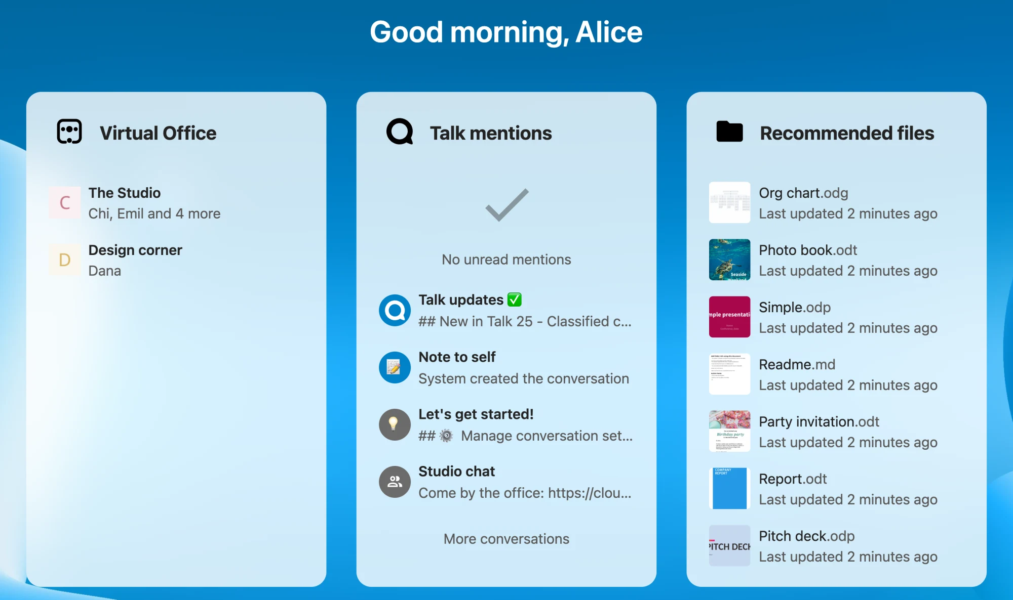 The Nextcloud Dashboard with the Virtual Office widget: The Studio with Chi, Emil and more inside, and Design corner with Dana