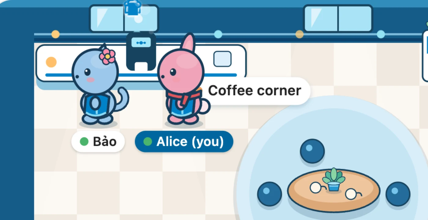 Alice and Bảo at the coffee machine, clinking their cups