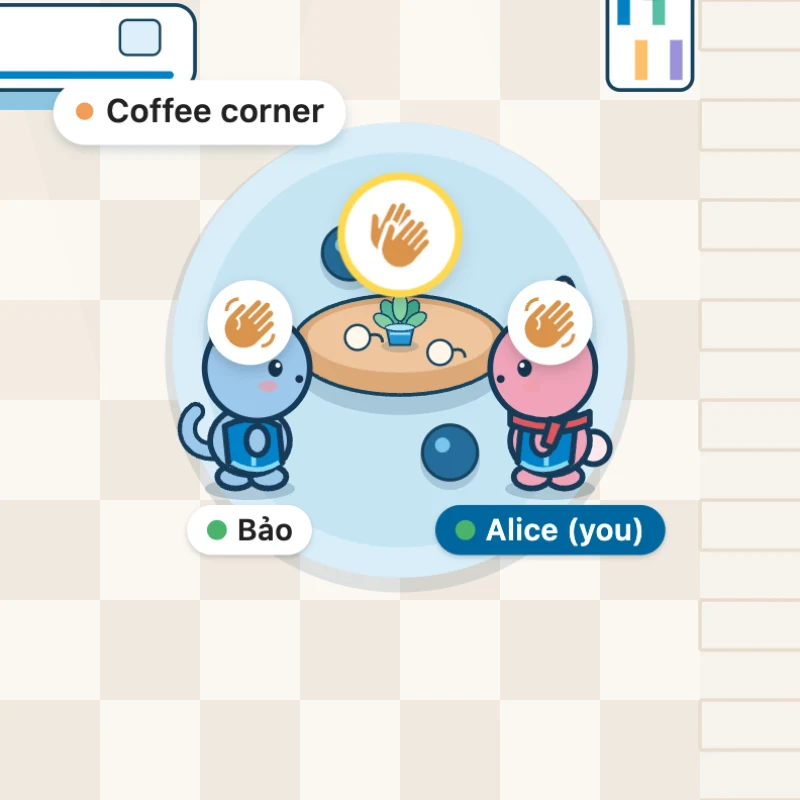 Alice and Bảo high-five at the coffee corner table