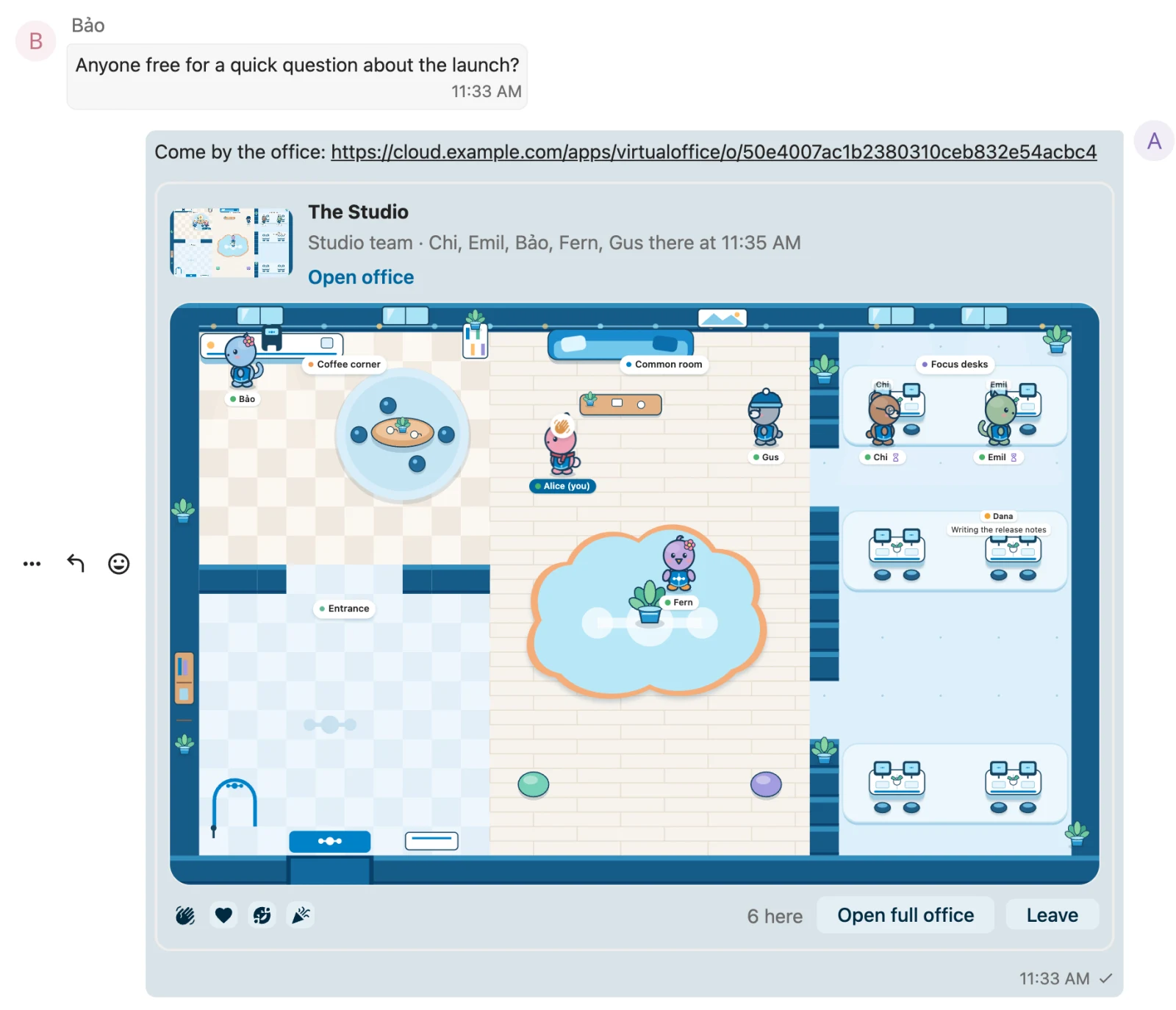 The Studio chat in Nextcloud Talk. Bảo asks who is free for a quick question, Alice shares the office, and the office card below shows everyone inside with reaction buttons, Open full office and Leave.