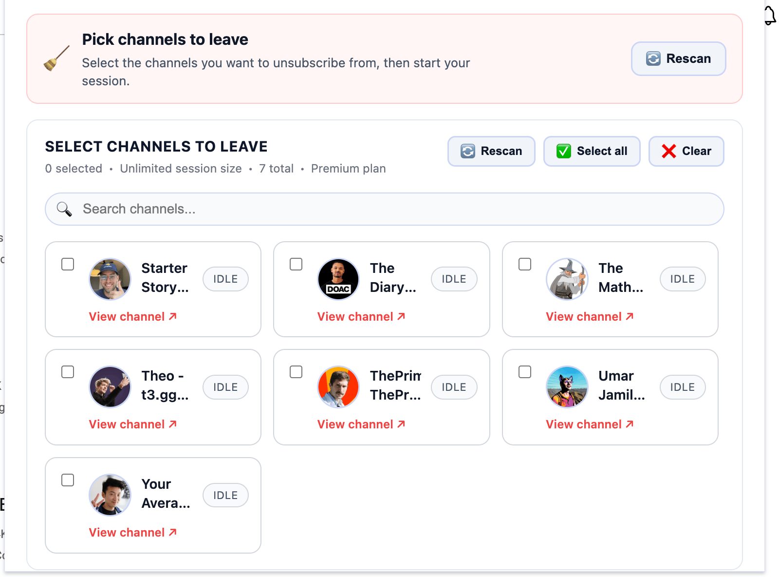 YouTube Bulk Leaver queue inside Chrome, ready to start a run